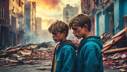 Foto op Canvas two boys are sad because of destruction © ZOHAIB