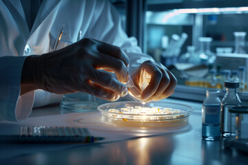 A close-up of a scientist's hands conducting a plaque assay on a viral culture, counting clear...