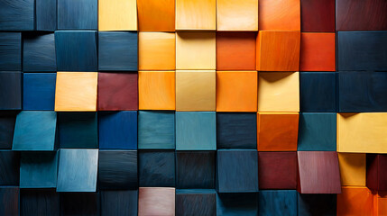 Modern Geometric Mosaic of Textured Squares in Blue, Orange, Red, and Yellow - Abstract Artistic Background