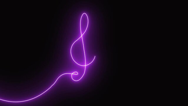Neon music sheet. line art. Glowing purple animation on black background. Neon lines that glow on dark background. Glowing music icons. Purple neon musical notes. Melody, classical music, sound design