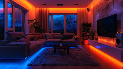 A smart AI-controlled lighting system adjusts hues and intensities to create the perfect ambiance for a cozy evening in the living room. - obrazy, fototapety, plakaty