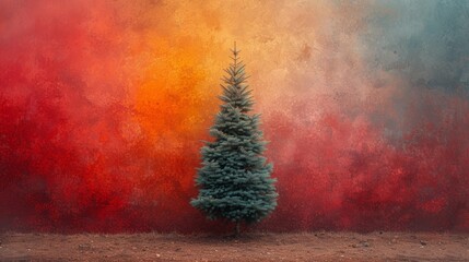 a painting of a small fir tree in front of a red, orange, yellow, and blue painted background.