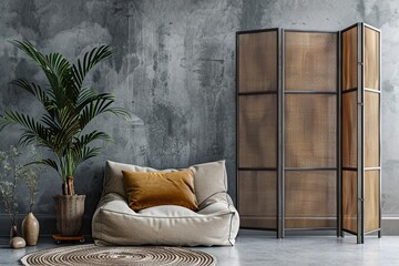 Wooden folding screen with green plant and armchair on grey background