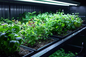 A smart gardening area featuring AI-assisted plant care, monitoring soil conditions and watering schedules for optimal growth.