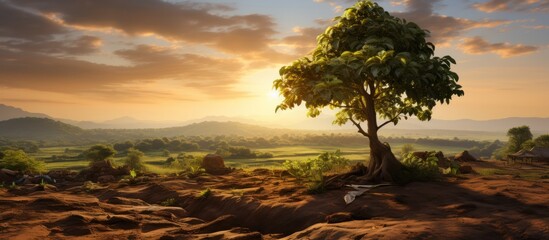 Sweet potato tree on organic farm at sunset