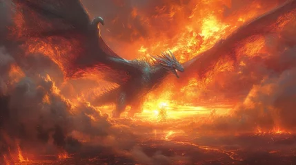 Foto op Canvas a painting of a dragon flying in the sky over a fire and ice covered land with a mountain in the background. © Mikus