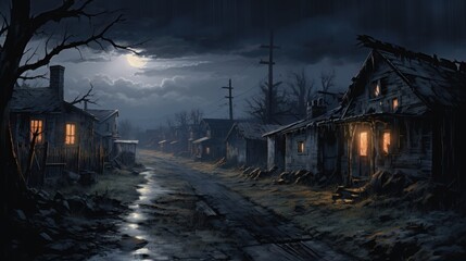 The image depicts a village street at night during a full moon. The street is empty and wet, with a few houses on either side. The houses have broken windows and are lit by an eerie yellow light. Ther