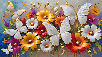 bright colorful flowers and white with gold butterflies painted with oil paint - 778454878