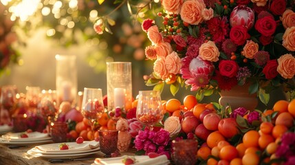 a table topped with lots of different types of plates and glasses next to a vase filled with flowers and candles.