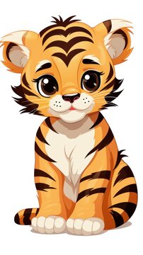 A cartoon baby tiger with brown and black stripes, big eyes and a small white nose.