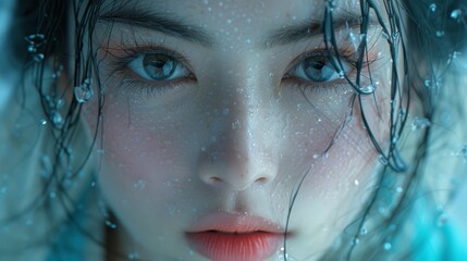 a close up of a woman's face with water droplets all over her and her hair blowing in the wind.