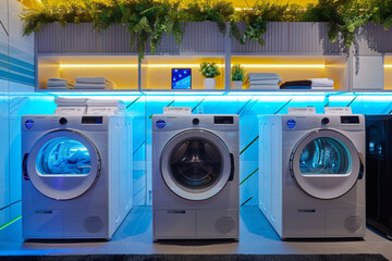 A smart laundry room with AI-controlled washing machines and dryers, automatically selecting the best cycles based on fabric type and soil level.