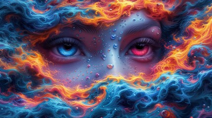a close up of a woman's face with fire and water swirling around her and the eyes are red, orange, and blue.
