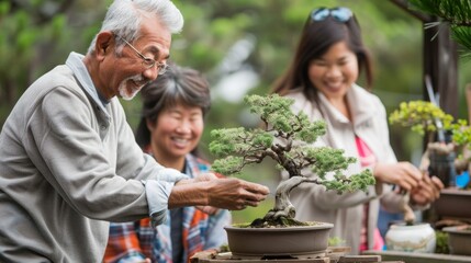 Photograph of people happily making bonsai.