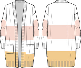 Women's Striped Long Line Cardigan. Technical fashion illustration. Front and back, colored. Women's CAD mock-up. - obrazy, fototapety, plakaty