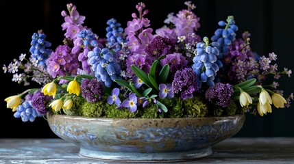   A close-up image shows a bowl brimming with a colorful mix of purple, yellow, and blue flowers