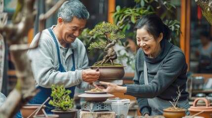 Fototapeta premium Photograph of people happily making bonsai.
