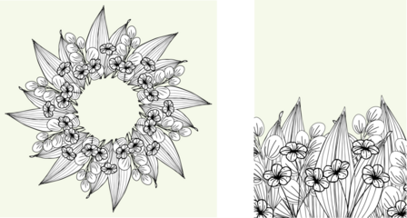 Abstract floral background. et of wreath, flowers, leaf branches in hand drawn pattern. Foliage line art design for wedding, card, invitation, greeting, logo
