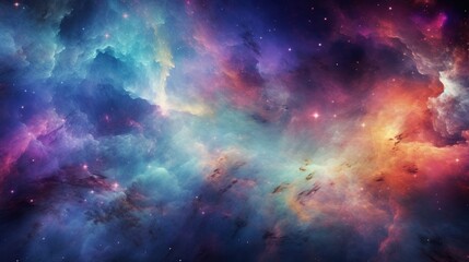 Colorful nebula with clouds of gas and dust. There are also stars scattered throughout the stage. The nebula's colors range from deep blue to purple and red.