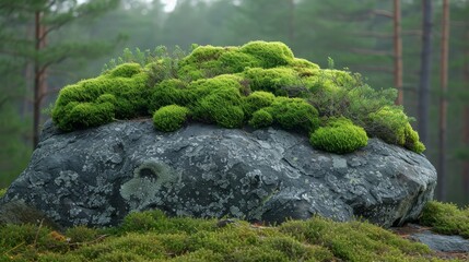Naklejka na ściany i meble a moss covered rock in the middle of a forest with pine trees in the backgrouds and fog in the background.
