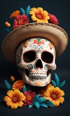 Day of the Dead sugar skull with sombrero, Cinco de Mayo or Dia de Muertos, Traditional Mexican, Holiday background, Victory Day in Pueblo in Mexico. design, illustration, poster, vertical 9:16 format