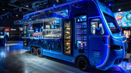 A sapphire blue food truck at an esports tournament, its interior equipped with high-tech snack vending machines and energy drink dispensers. The truck's futuristic design  - obrazy, fototapety, plakaty