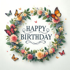 Happy Birthday Sign with flower wreath and butterflies on white background - 778456001