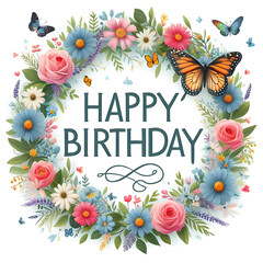 Happy Birthday Sign with flower wreath and butterflies on white background - 778456003