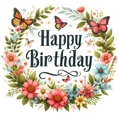 Happy Birthday Sign with flower wreath and butterflies on white background - 778456014