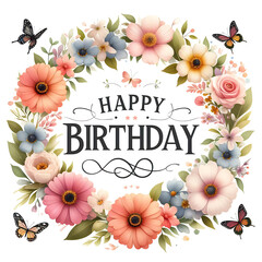Happy Birthday Sign with flower wreath and butterflies on white background - 778456015