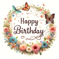 Happy Birthday Sign with flower wreath and butterflies on white background - 778456050