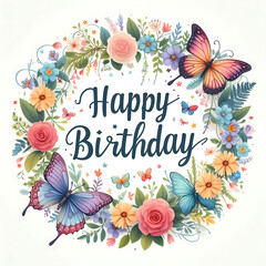 Happy Birthday Sign with flower wreath and butterflies on white background - 778456067