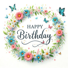 Happy Birthday Sign with flower wreath and butterflies on white background - 778456080