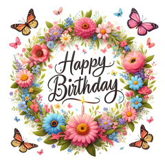 Happy Birthday Sign with flower wreath and butterflies on white background - 778456085