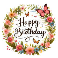 Happy Birthday Sign with flower wreath and butterflies on white background - 778456099