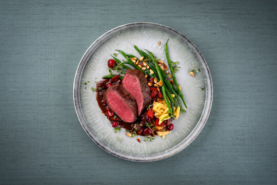 Traditionally roasted saddle of venison fillet with sp&auml;tzle, vegetable and fruits in chocolate red wine sauce served as top view on a Nordic design plate with copy space