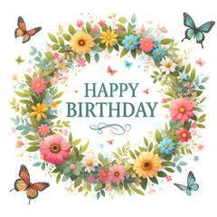 Happy Birthday Sign with flower wreath and butterflies on white background - 778456204