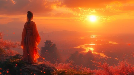 Obraz premium a woman standing on top of a hill watching the sun go down over a valley with mountains in the background.