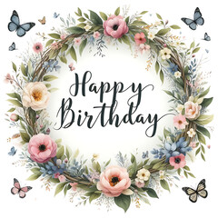 Happy Birthday Sign with flower wreath and butterflies on white background - 778456210