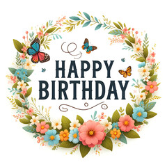 Happy Birthday Sign with flower wreath and butterflies on white background - 778456212