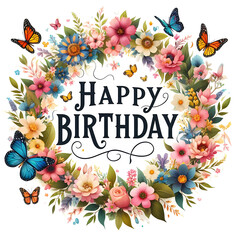 Happy Birthday Sign with flower wreath and butterflies on white background - 778456213