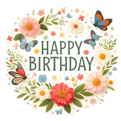 Happy Birthday Sign with flower wreath and butterflies on white background - 778456218