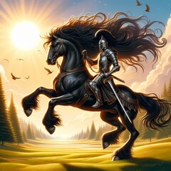 Obraz na płótnie Canvas A knight on a big black horse