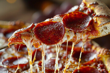 A slice of pepperoni pizza, with the cheese melted and stringy, lifting away from the rest of the pie. The image focuses on the vibrant red of the pepperoni and the golden cheese, 