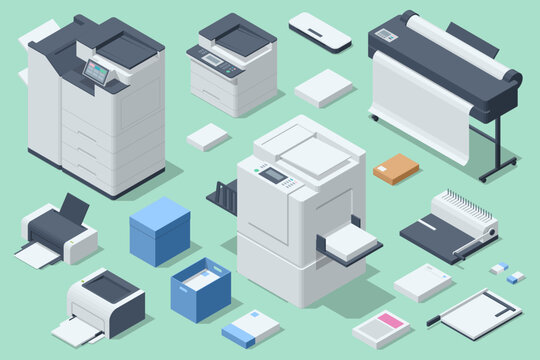 Isometric set of plotter, laminator, binder, cutter, risograph, laser printer and inkjet printer. Printing services, Printing house industry.