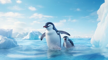 Fototapeta premium A pair of penguins waddle through icy blue waters, with icebergs and a blue sky with white clouds in the background.