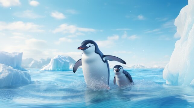 A pair of penguins waddle through icy blue waters, with icebergs and a blue sky with white clouds in the background.