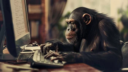 Zelfklevend Fotobehang A chimpanzee is intently typing on a computer. Clever monkey at the computer. Generative AI. © Mikhail