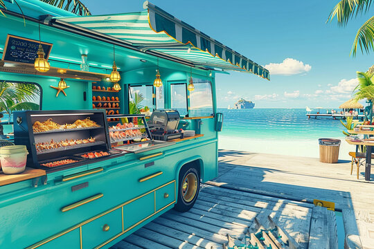 A turquoise food truck on a tropical island, its interior showcasing a seafood grill with fresh catches of the day.
