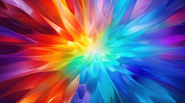 A colorful, abstract piece of art with a radial pattern resembling a flower in full bloom. The colors of the rainbow are represented, with each petal a different shade.